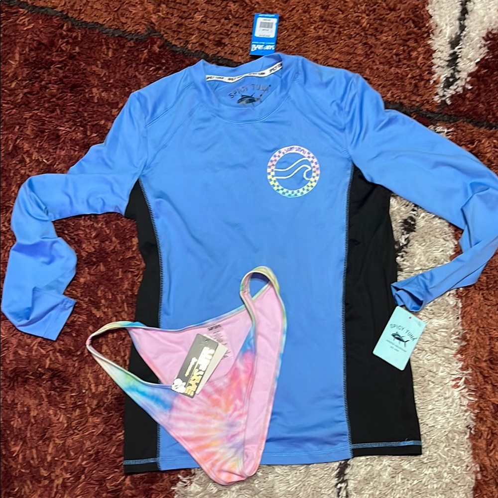 Long Sleeve Rash Guard with Tie-Dye Bikini Bottom